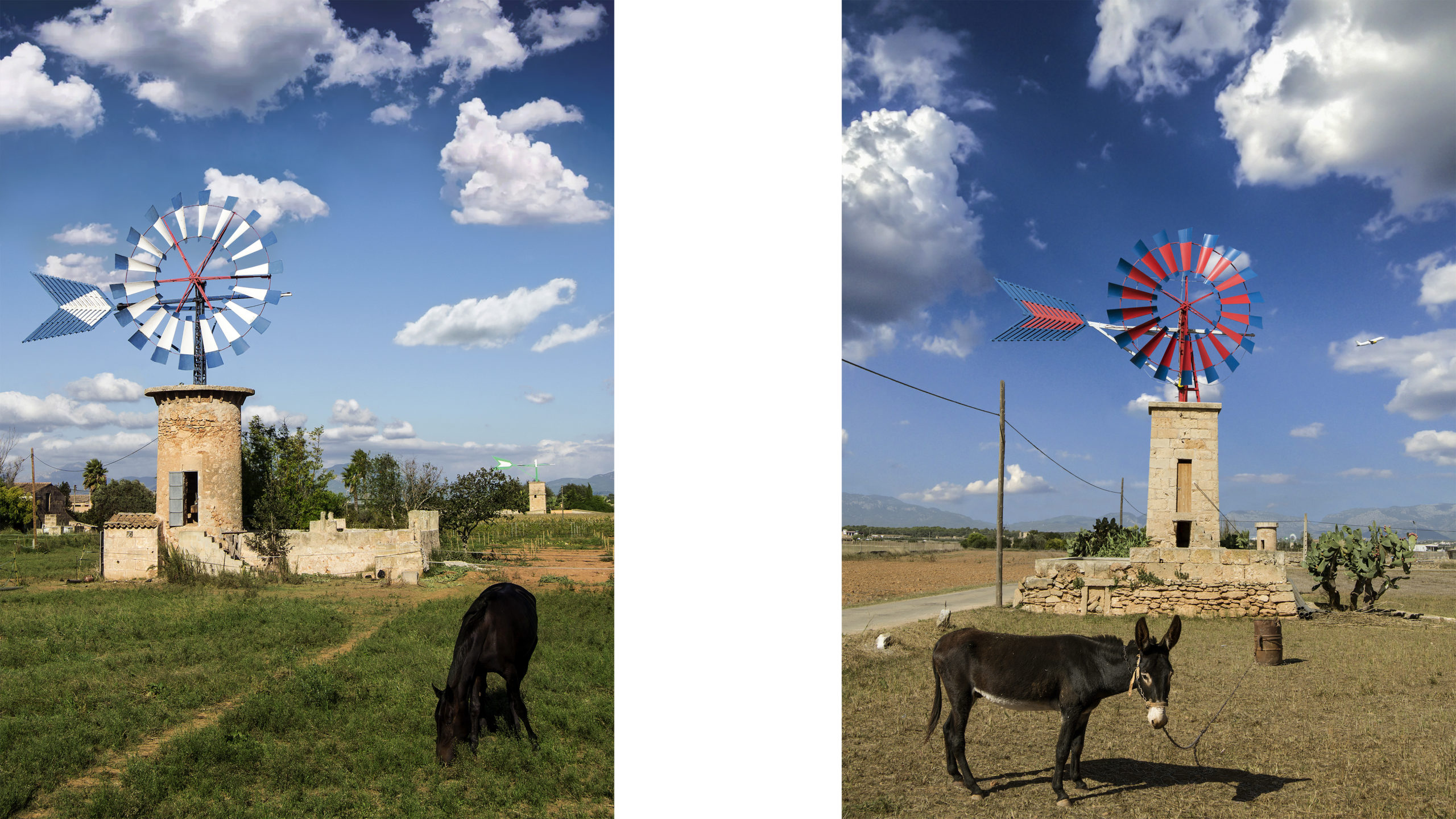 Dos fotografías de molinos de agua aislados en el paisaje de Mallorca