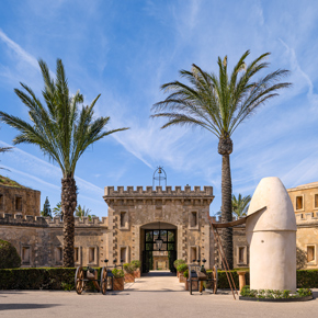 Entrada principal de piedra del Hotel Cap Rocat, enmarcada por palmeras